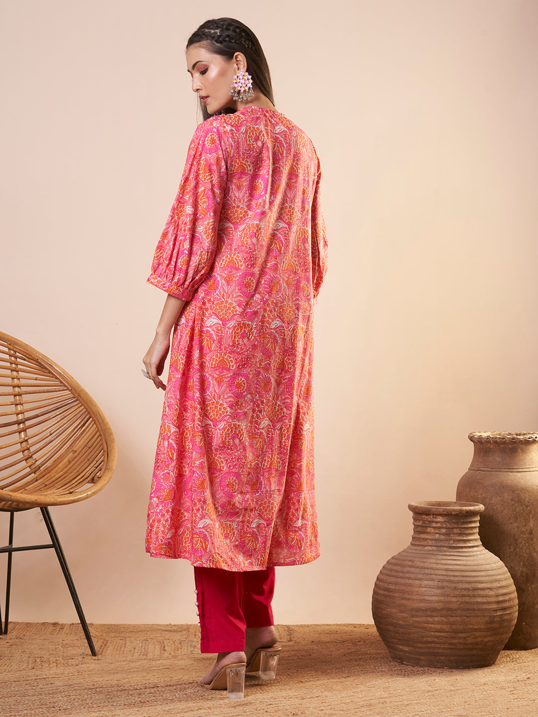 Ethnic Floral Printed A-Line Flared Kurta - Pink