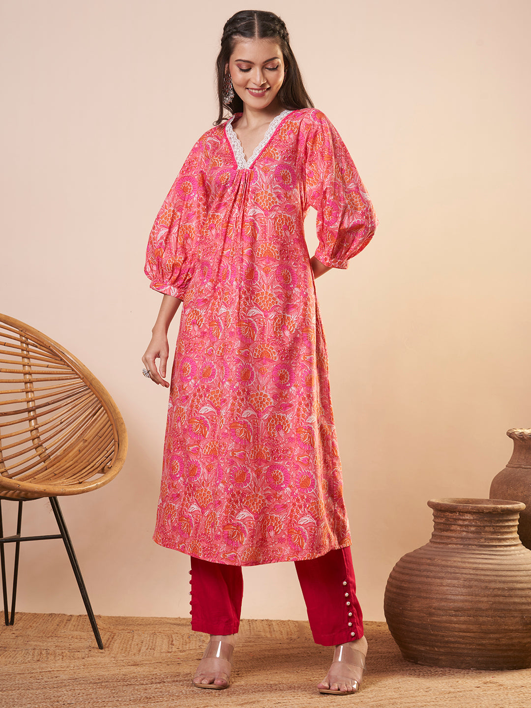 Ethnic Floral Printed A-Line Flared Kurta - Pink
