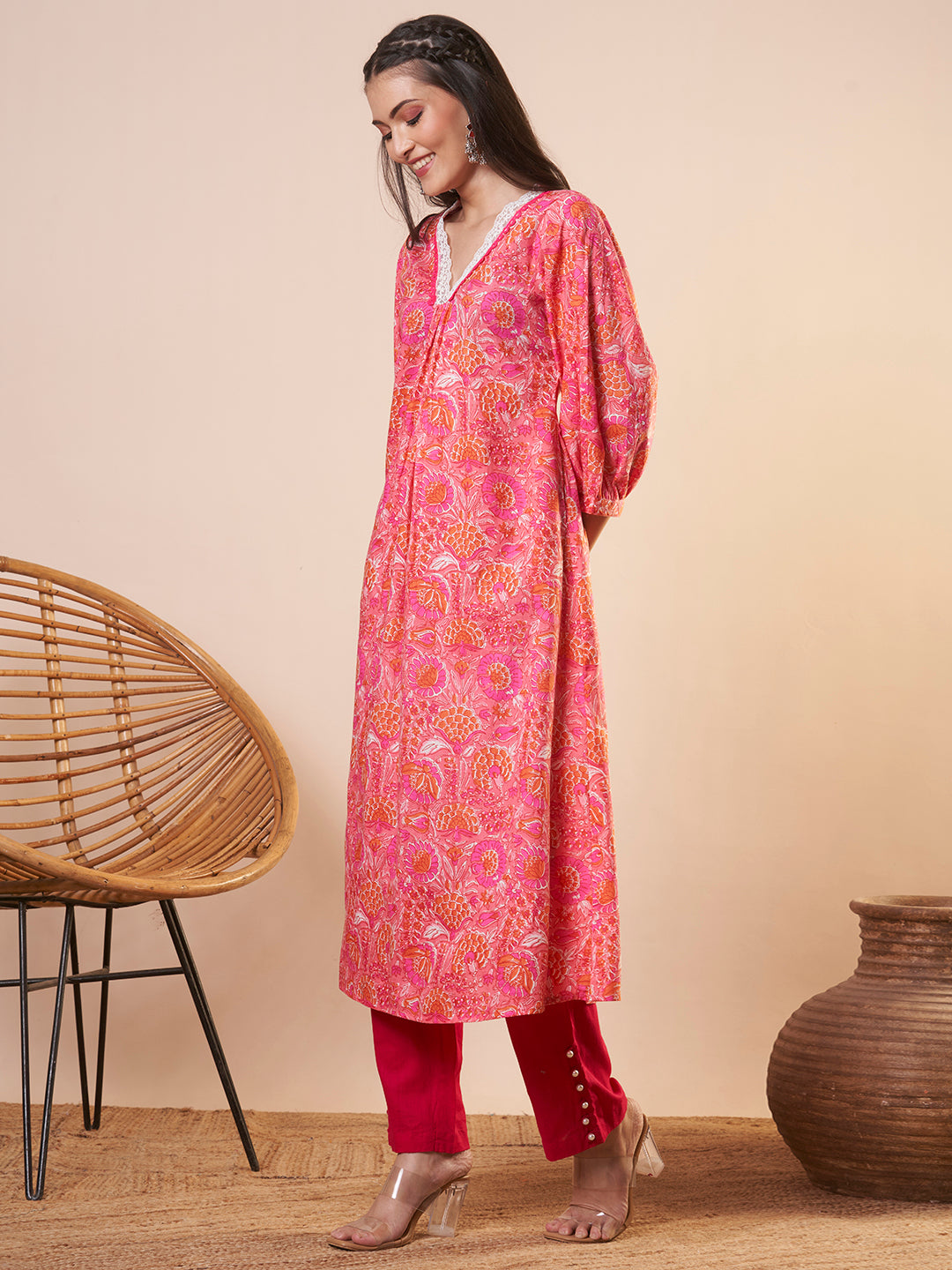 Ethnic Floral Printed A-Line Flared Kurta - Pink