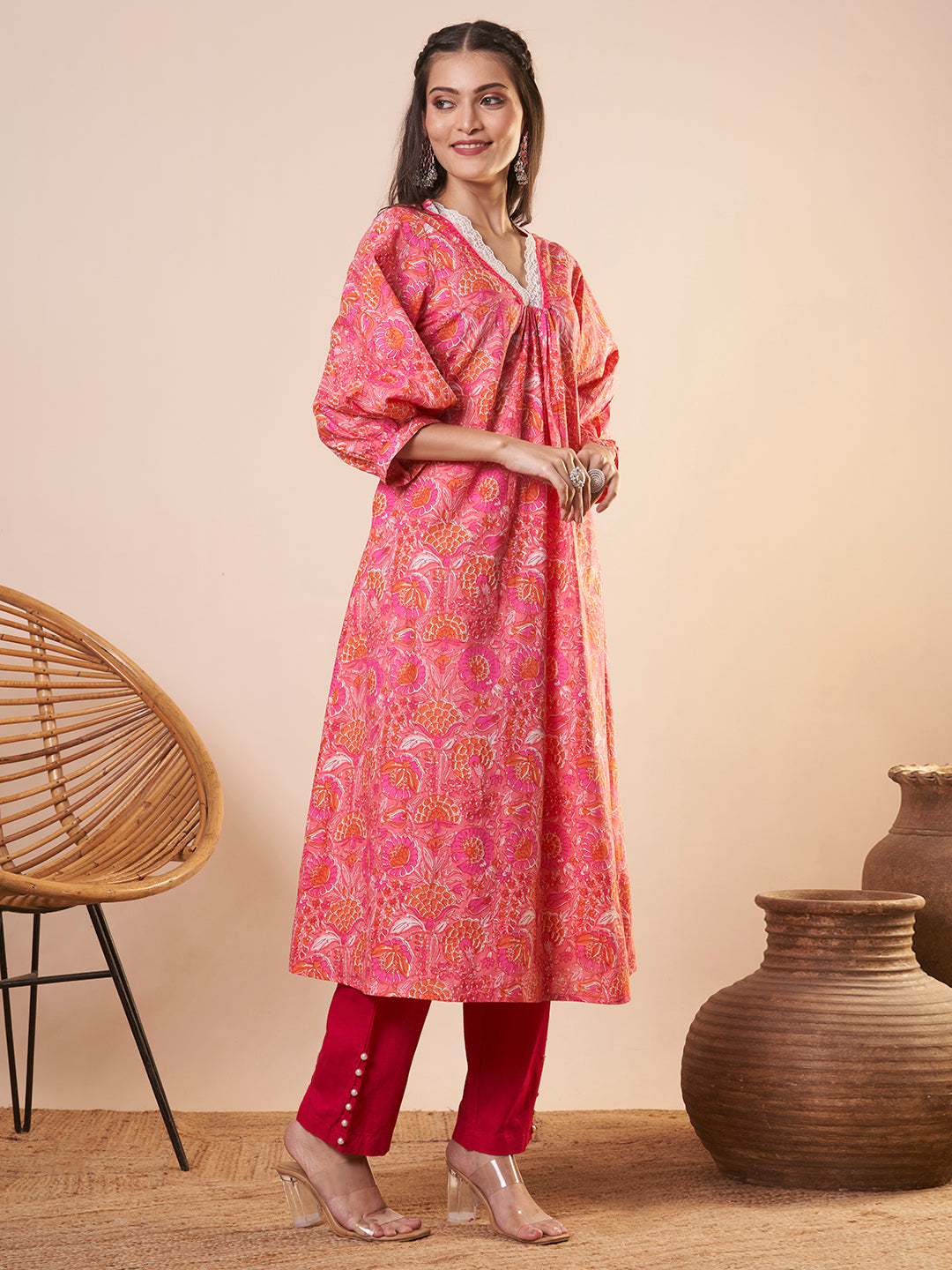 Ethnic Floral Printed A-Line Flared Kurta - Pink