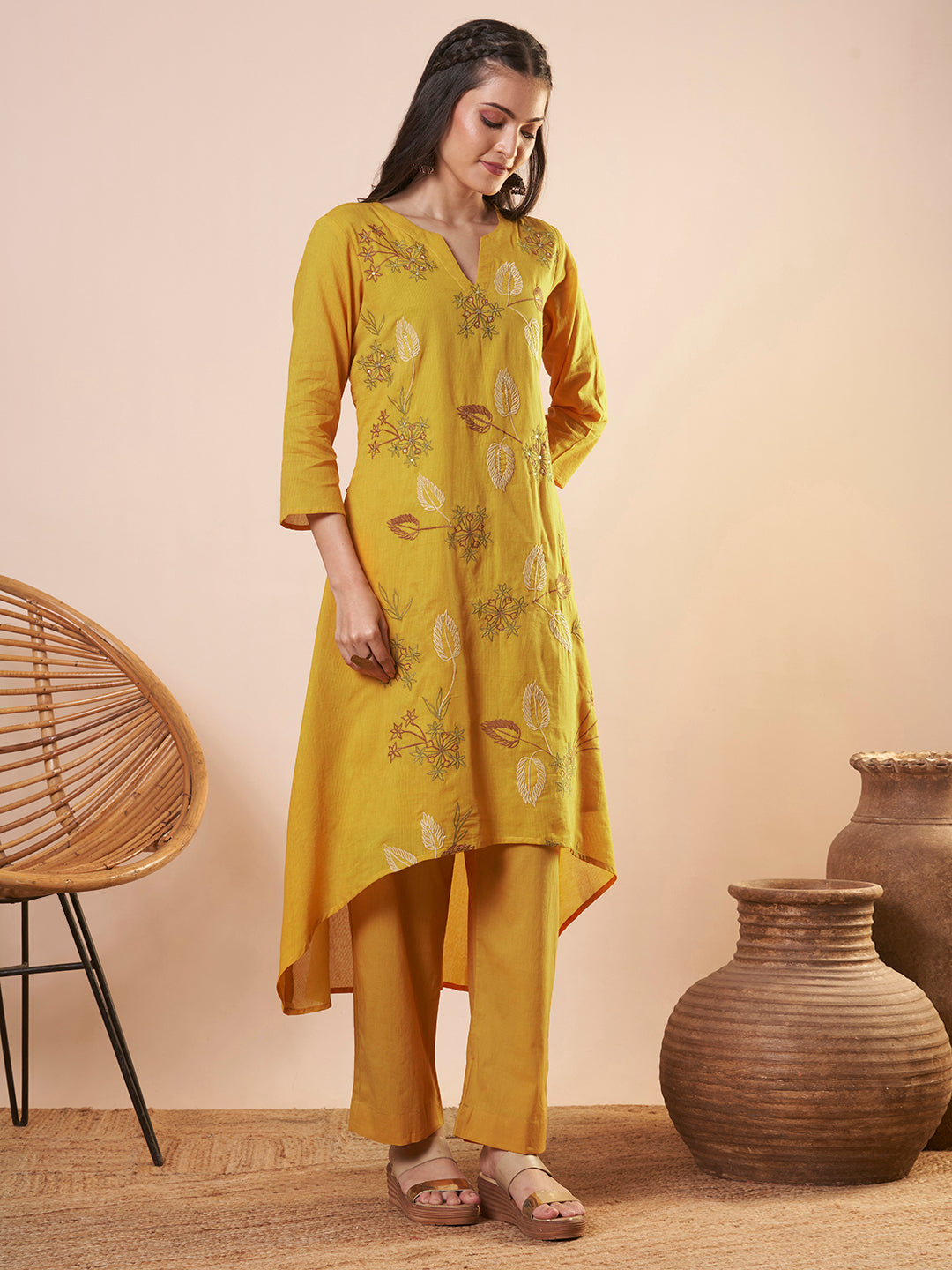 Solid Floral Threadwork Embroidered A-Line High Low Co-ord Set - Yellow