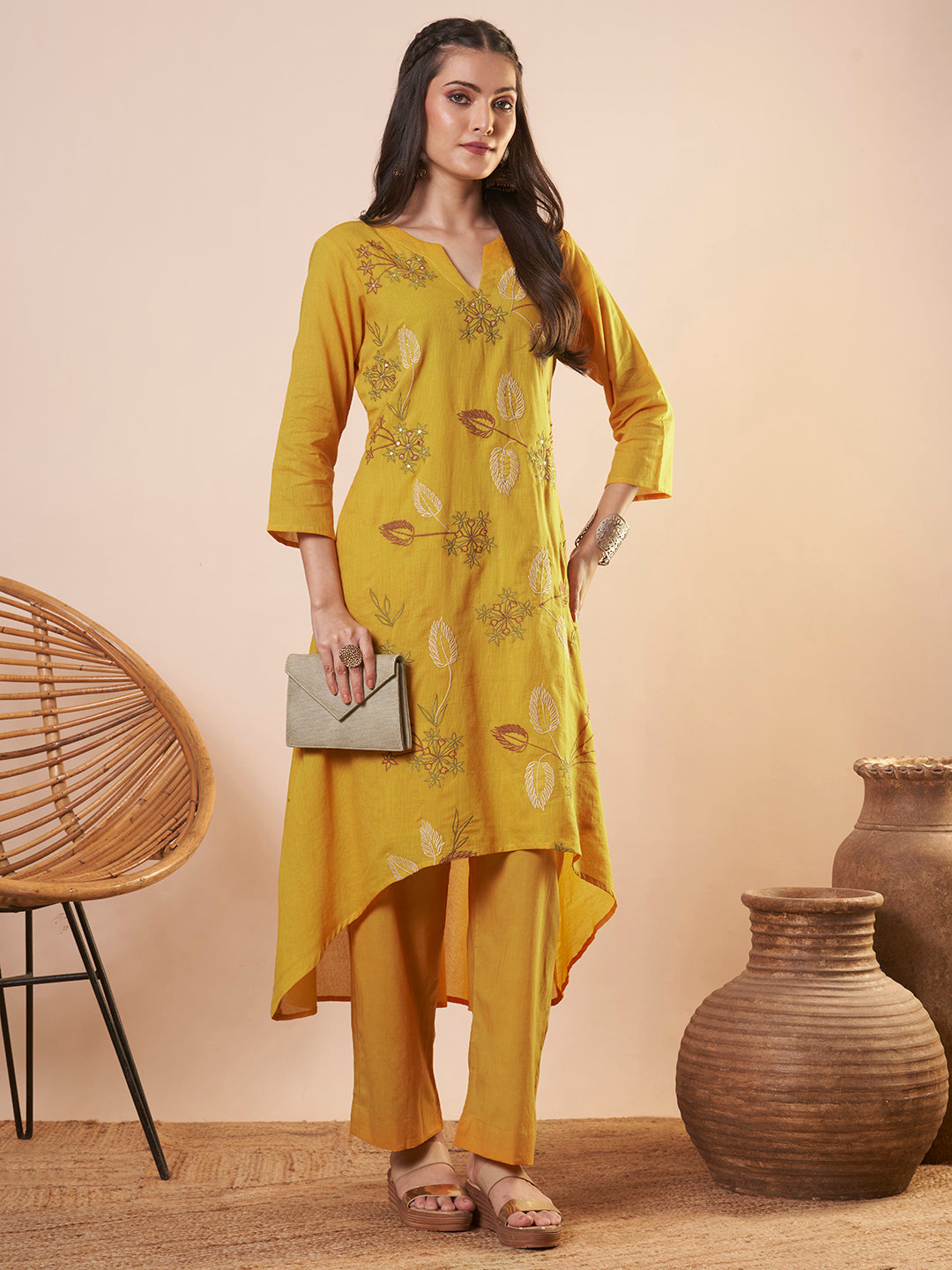 Solid Floral Threadwork Embroidered A-Line High Low Co-ord Set - Yellow