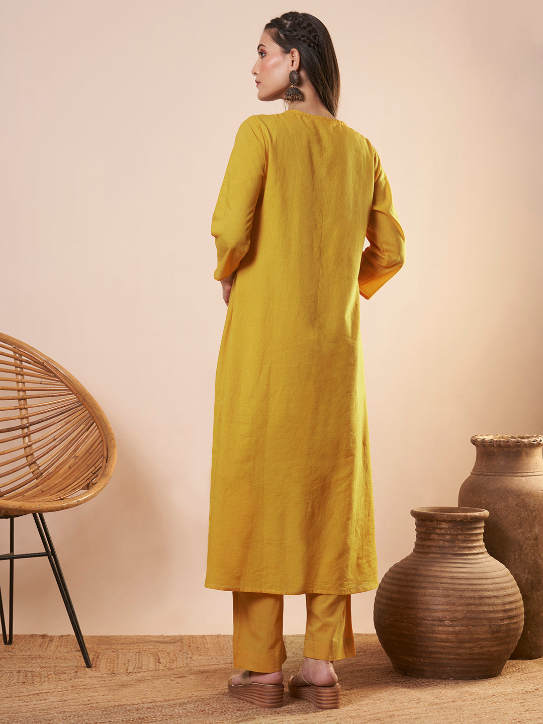 Solid Floral Threadwork Embroidered A-Line High Low Co-ord Set - Yellow