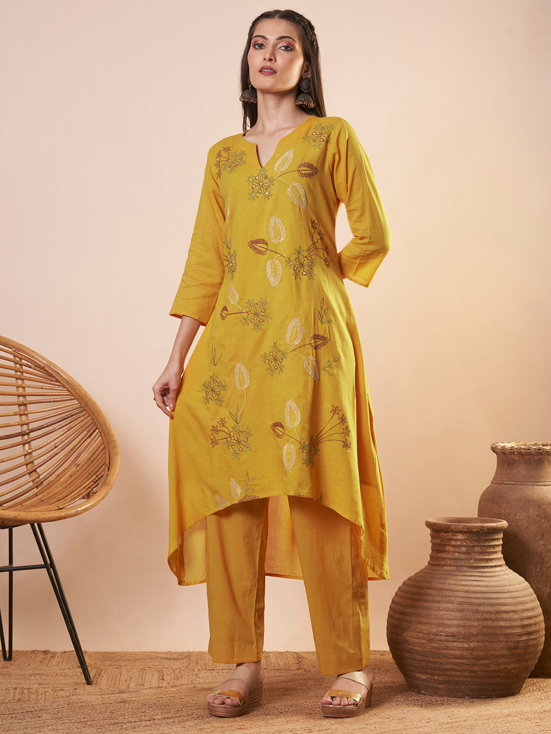 Solid Floral Threadwork Embroidered A-Line High Low Co-ord Set - Yellow