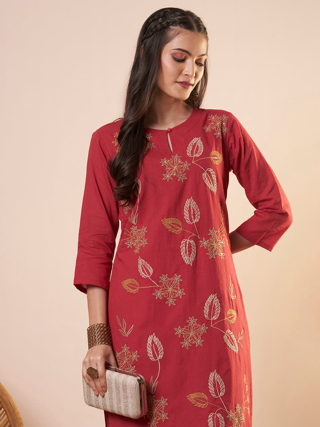 Solid Floral Threadwork Embroidered A-Line High Low Co-ord Set - Red