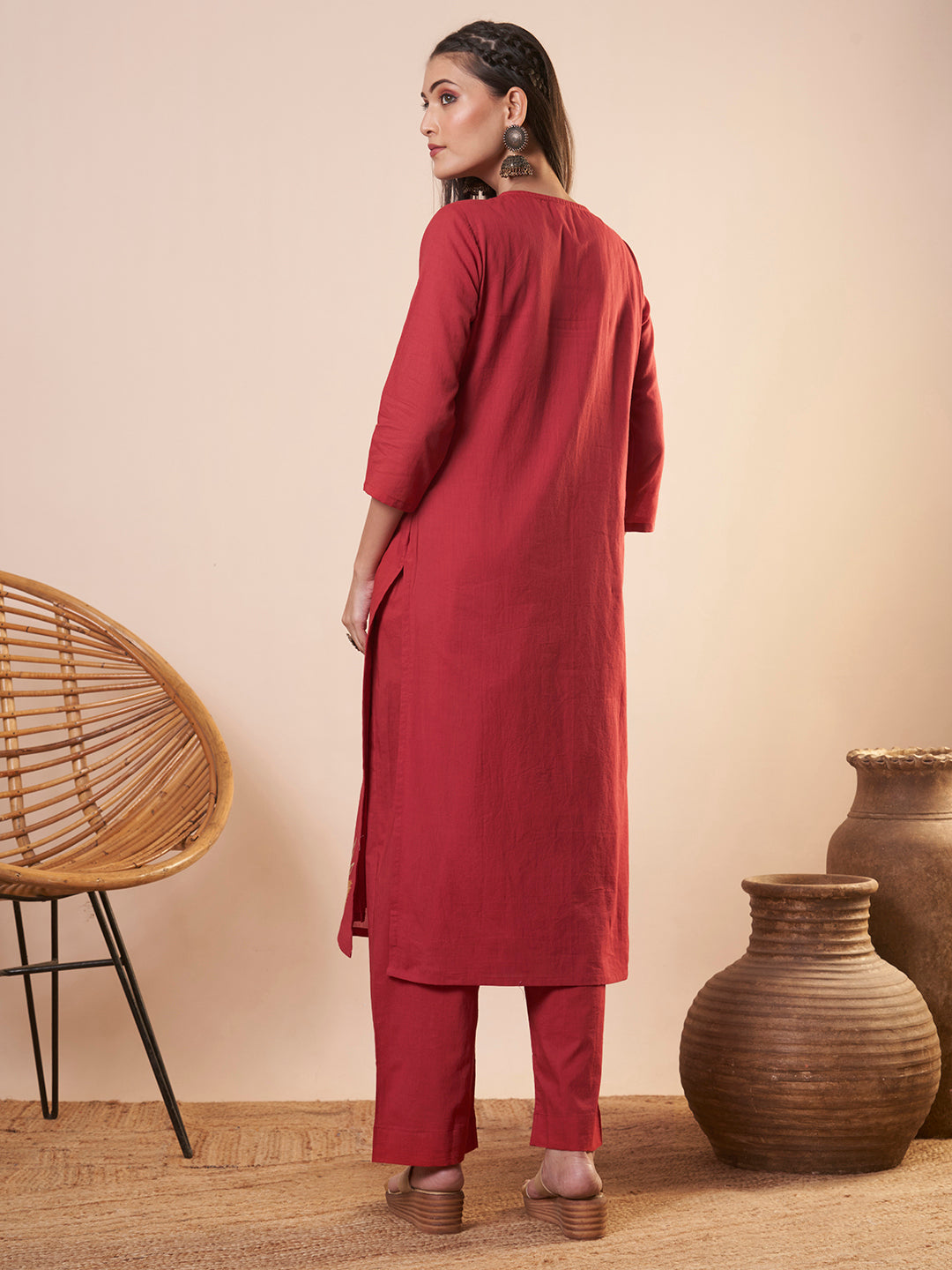 Solid Floral Threadwork Embroidered A-Line High Low Co-ord Set - Red