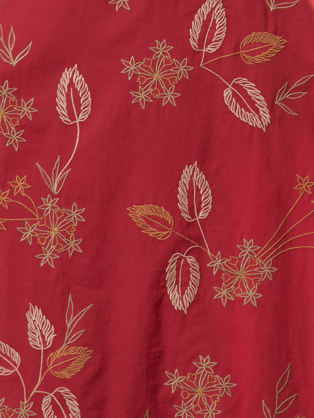Solid Floral Threadwork Embroidered A-Line High Low Co-ord Set - Red