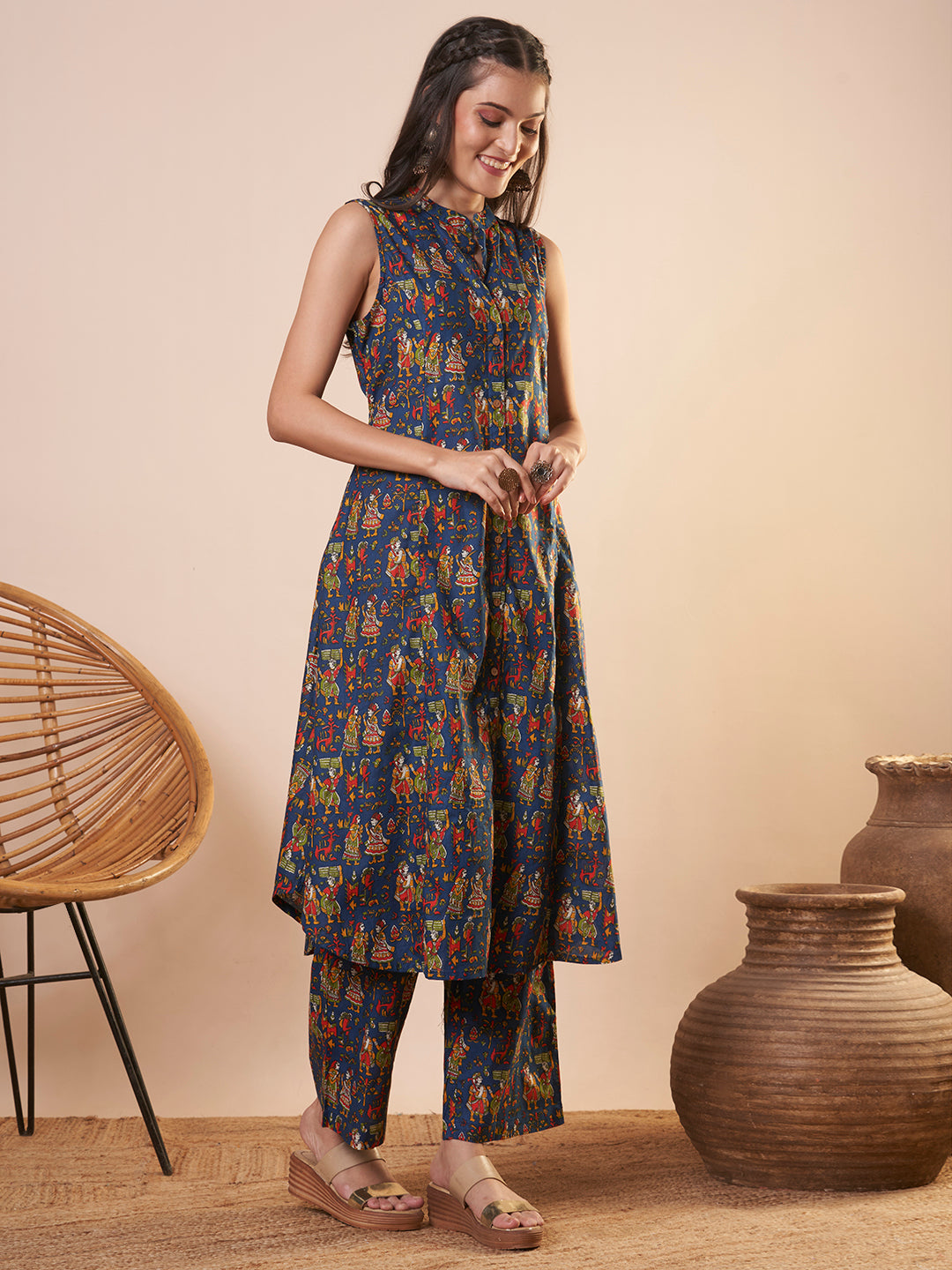 Ethnic Printed A-Line Paneled Co-ord Set - Blue