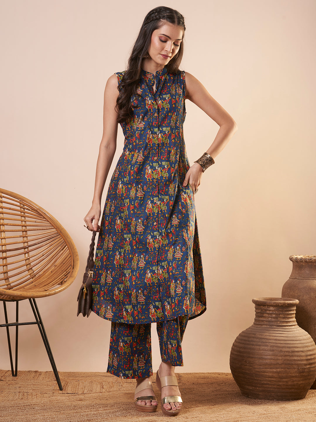 Ethnic Printed A-Line Paneled Co-ord Set - Blue