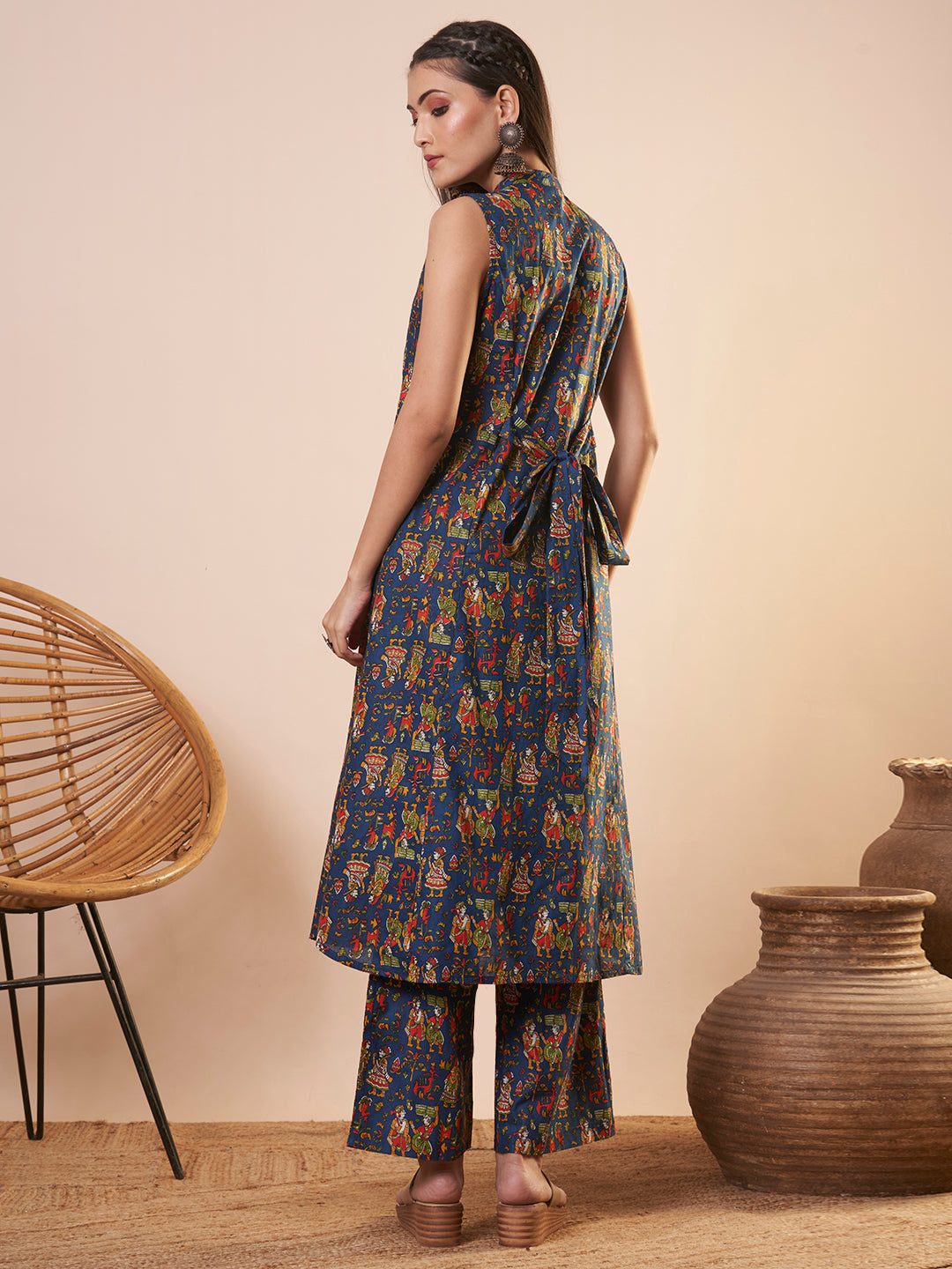 Ethnic Printed A-Line Paneled Co-ord Set - Blue