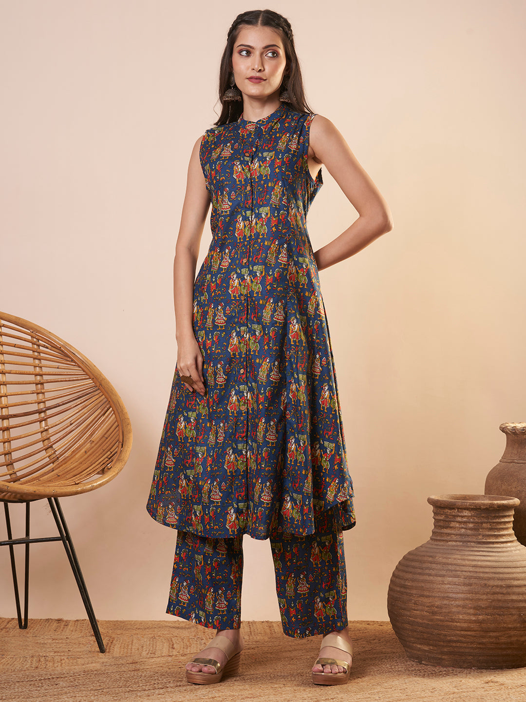 Ethnic Printed A-Line Paneled Co-ord Set - Blue