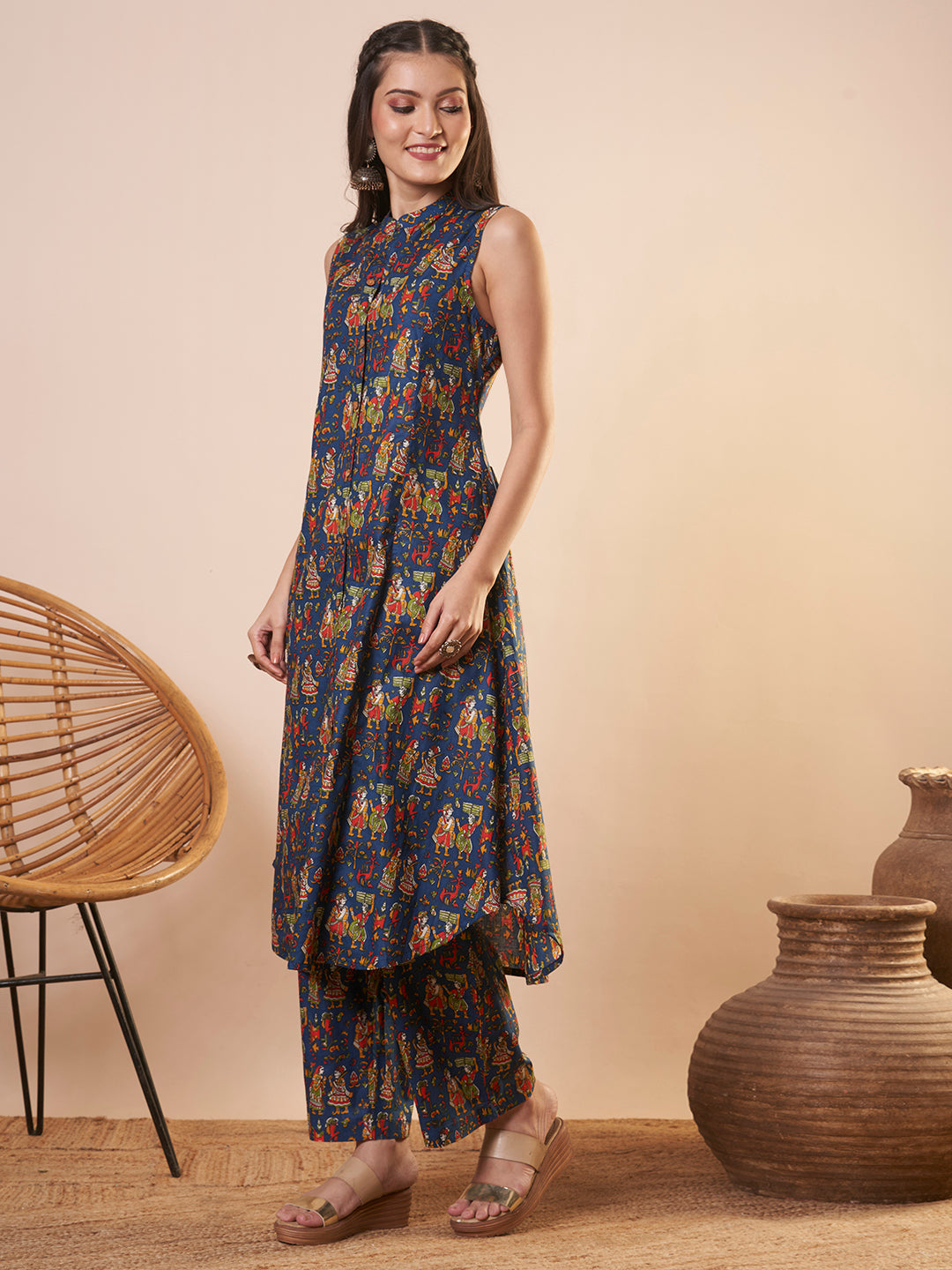 Ethnic Printed A-Line Paneled Co-ord Set - Blue