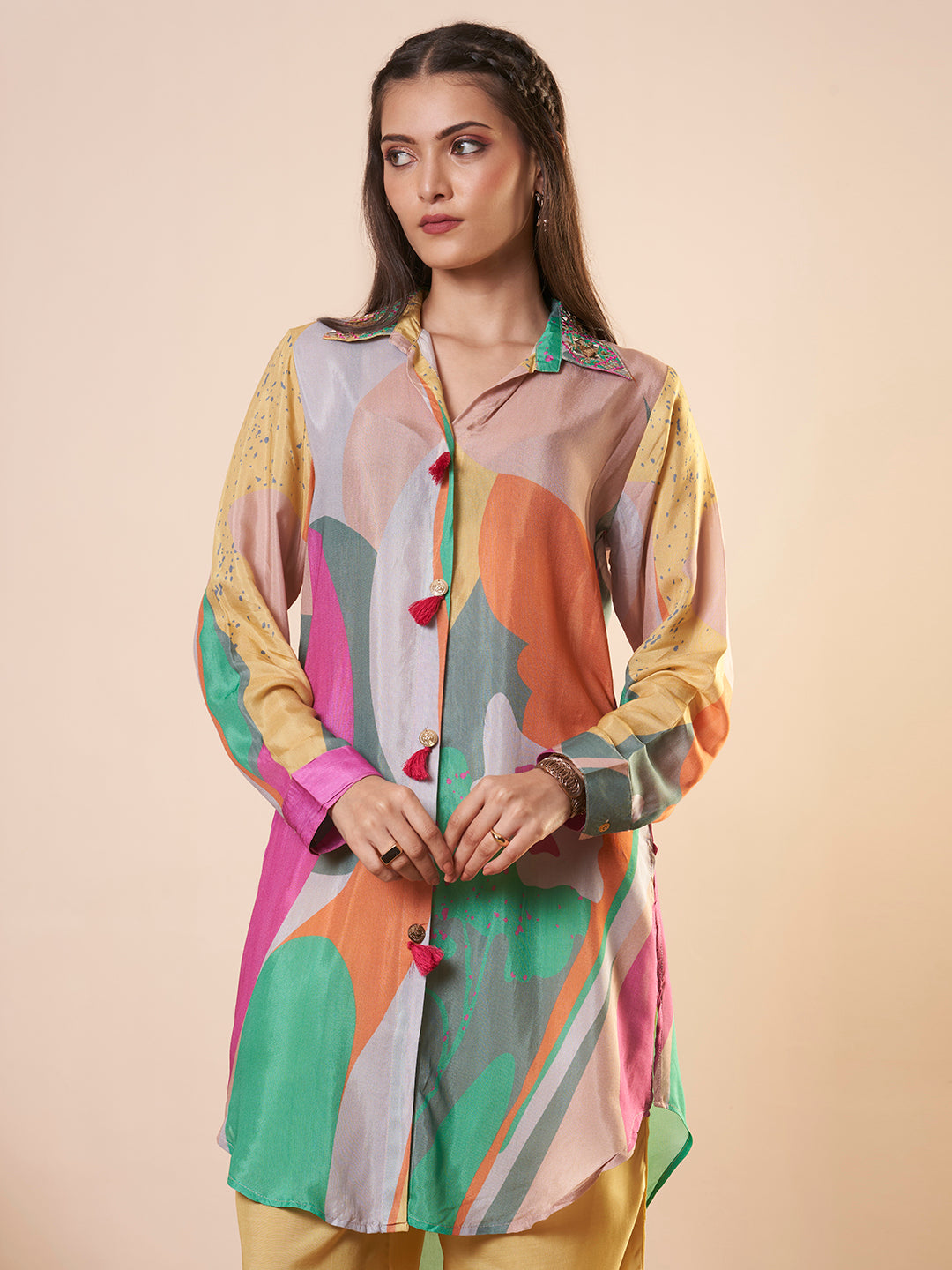 Abstract Printed & Embroidered A-Line Kurta with Pant - Multi