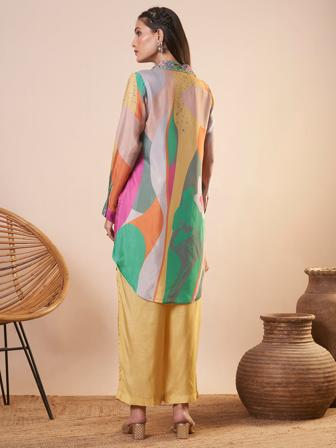 Abstract Printed & Embroidered A-Line Kurta with Pant - Multi