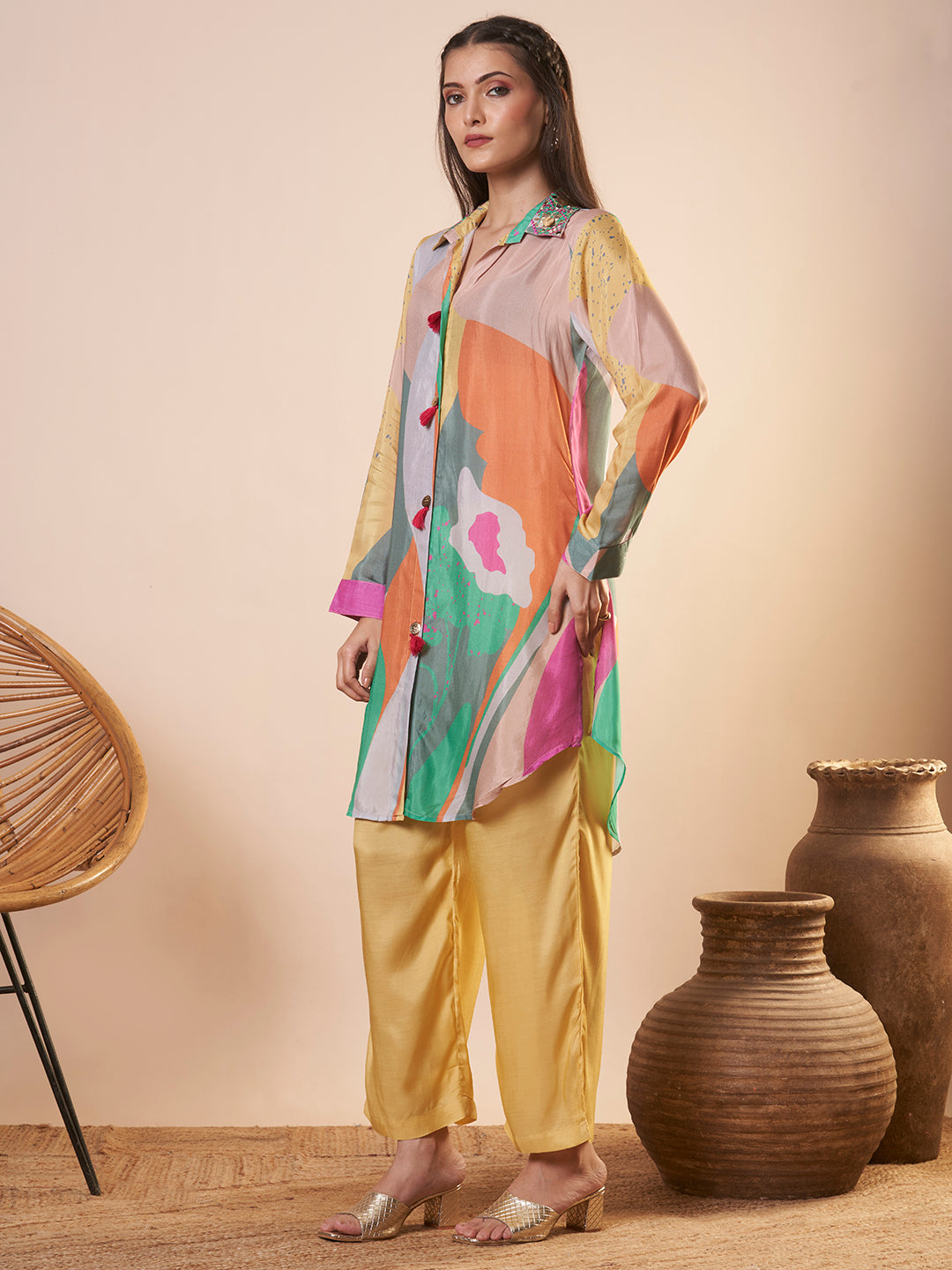 Abstract Printed & Embroidered A-Line Kurta with Pant - Multi