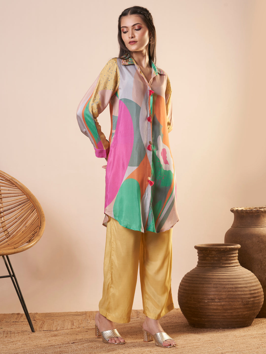 Abstract Printed & Embroidered A-Line Kurta with Pant - Multi