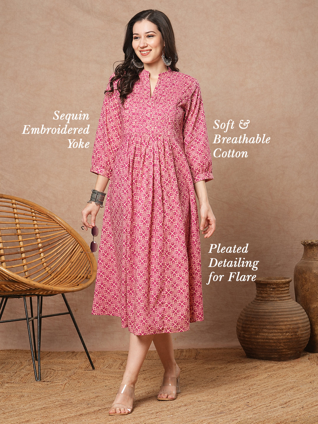 Ethnic Floral Printed & Sequin Embroidered A-Line Pleated Maxi Dress - Pink