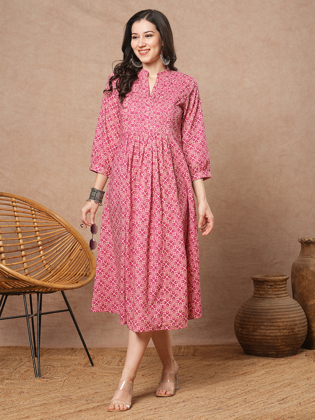 Ethnic Floral Printed & Sequin Embroidered A-Line Pleated Maxi Dress - Pink