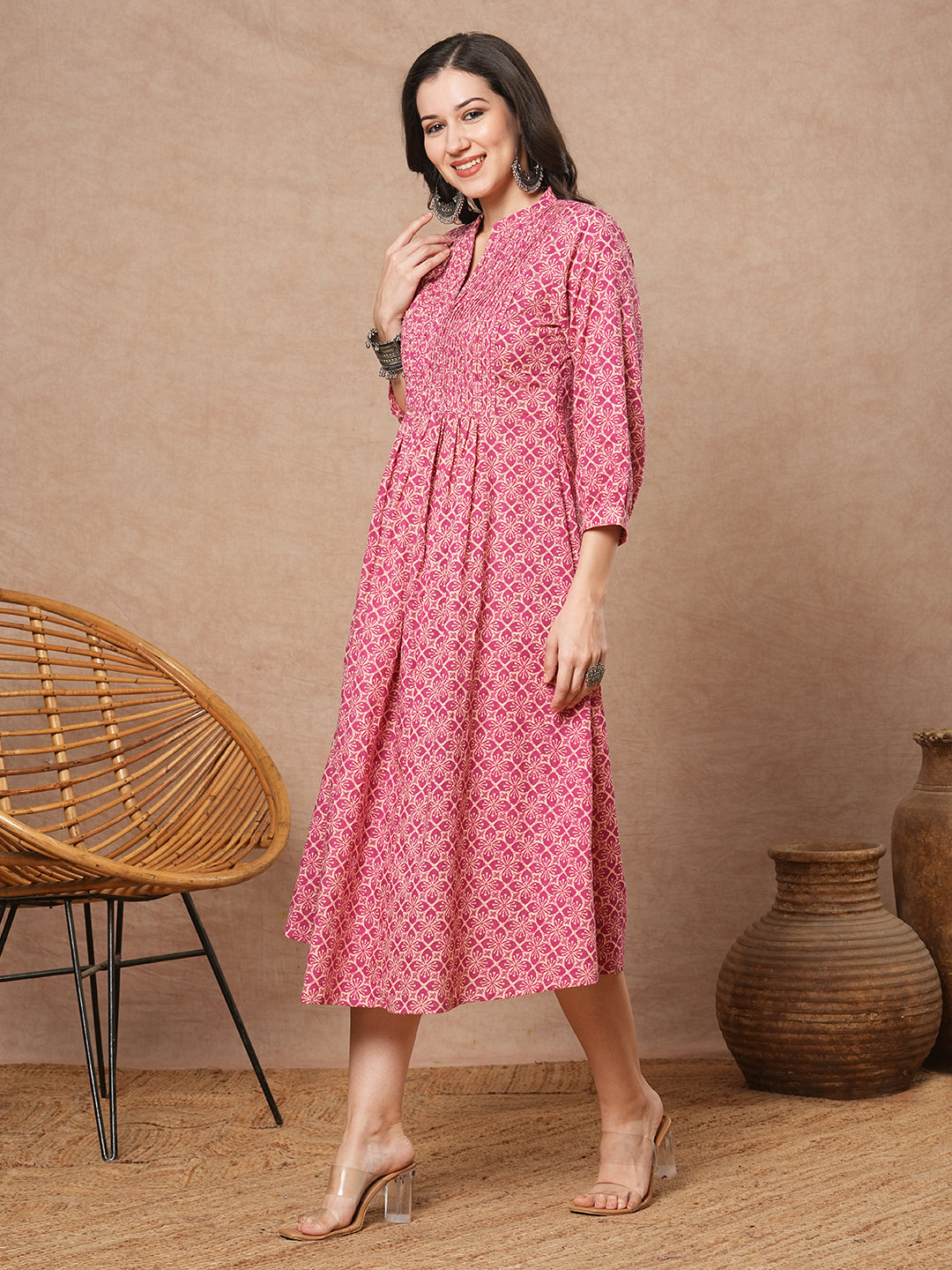 Ethnic Floral Printed & Sequin Embroidered A-Line Pleated Maxi Dress - Pink