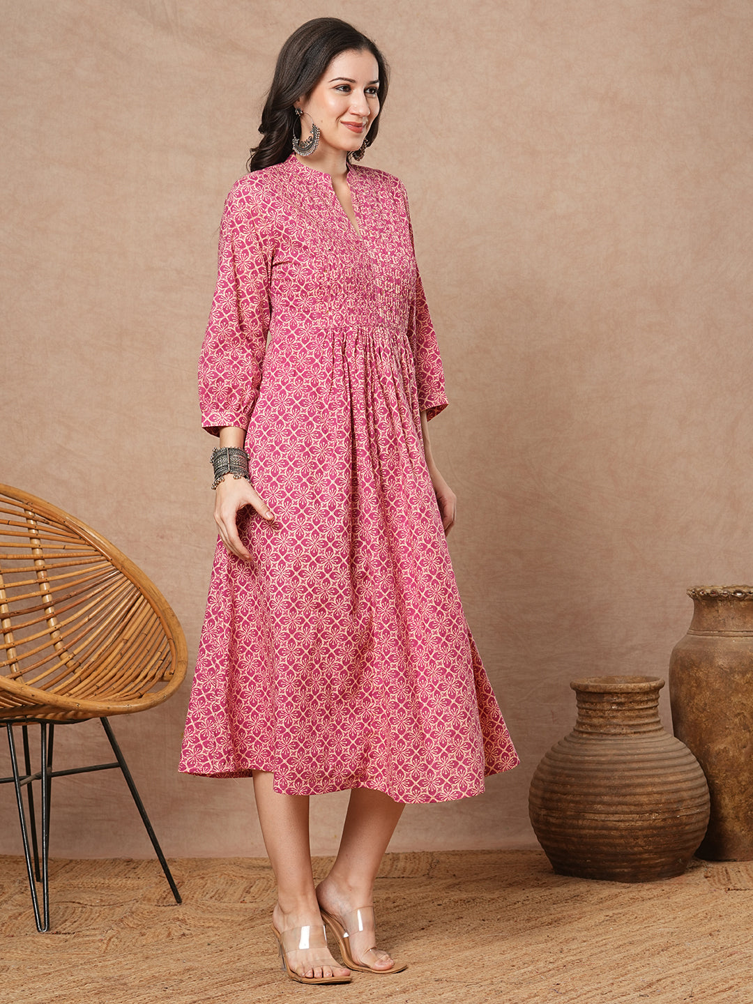 Ethnic Floral Printed & Sequin Embroidered A-Line Pleated Maxi Dress - Pink