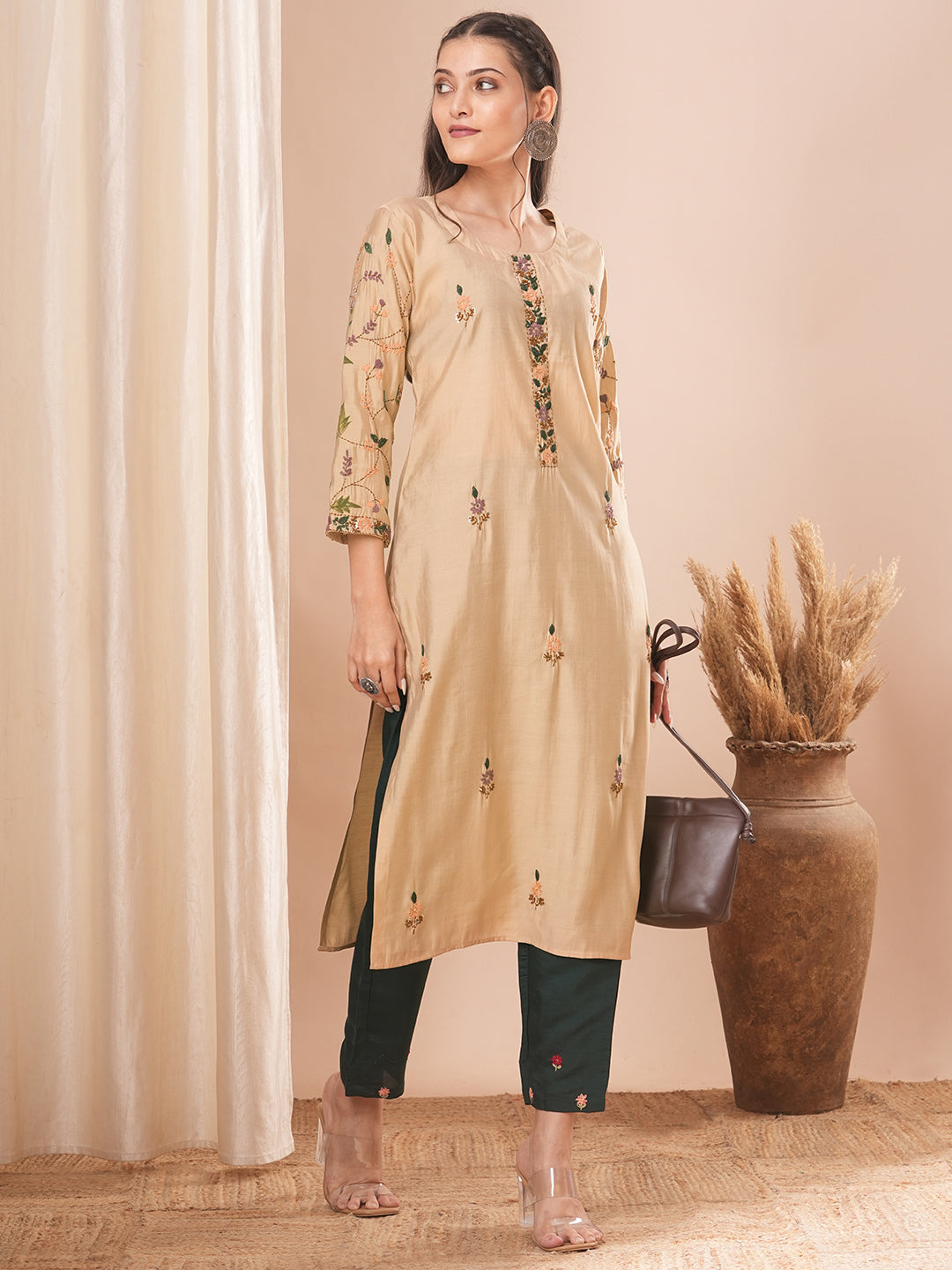 Solid Floral Hand Embroidered Straight Fit Kurta - Beige