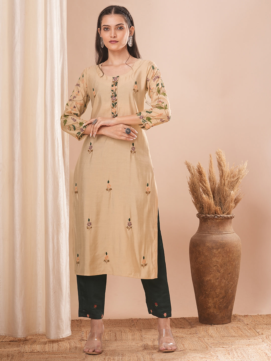 Solid Floral Hand Embroidered Straight Fit Kurta - Beige