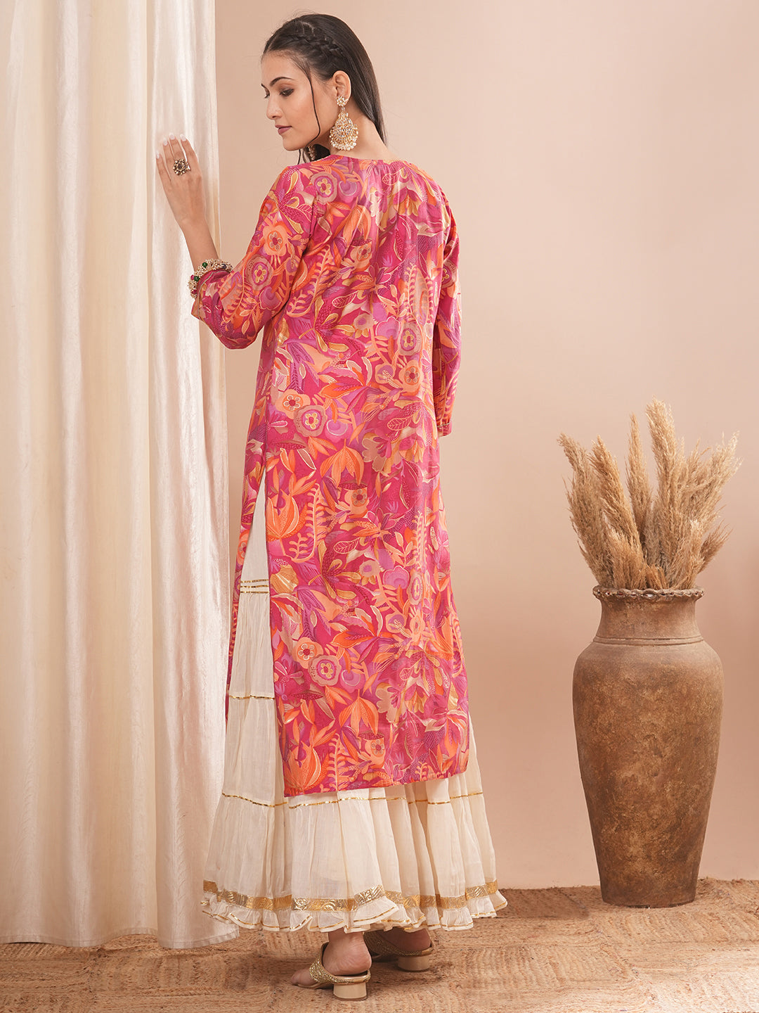 Abstract Floral Printed & Embroidered Straight Fit Kurta - Pink