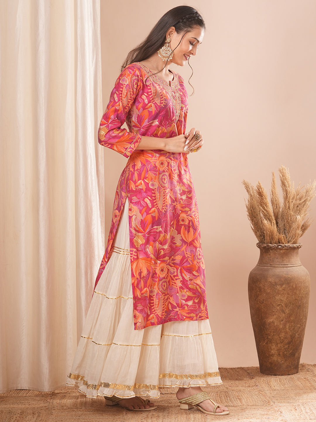 Abstract Floral Printed & Embroidered Straight Fit Kurta - Pink