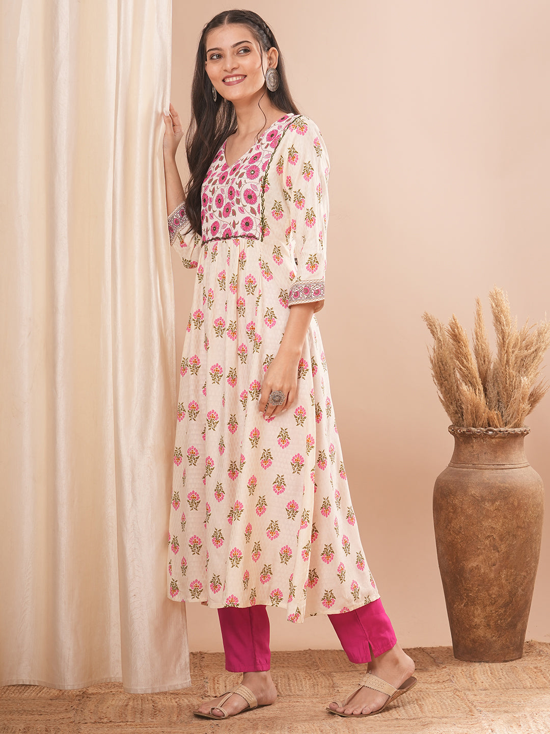 Ethnic Floral Printed & Mirror Embroidered A-line Pleated Kurta - Cream