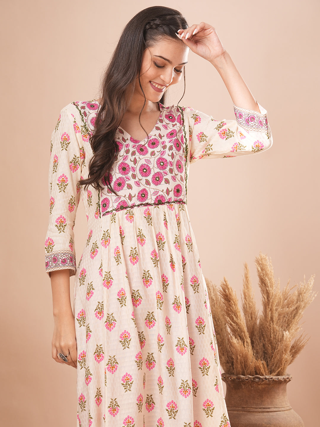 Ethnic Floral Printed & Mirror Embroidered A-line Pleated Kurta - Cream