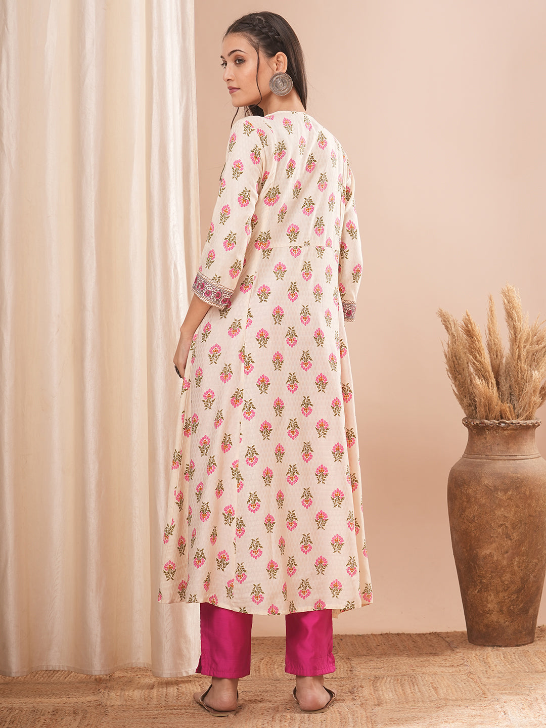 Ethnic Floral Printed & Mirror Embroidered A-line Pleated Kurta - Cream
