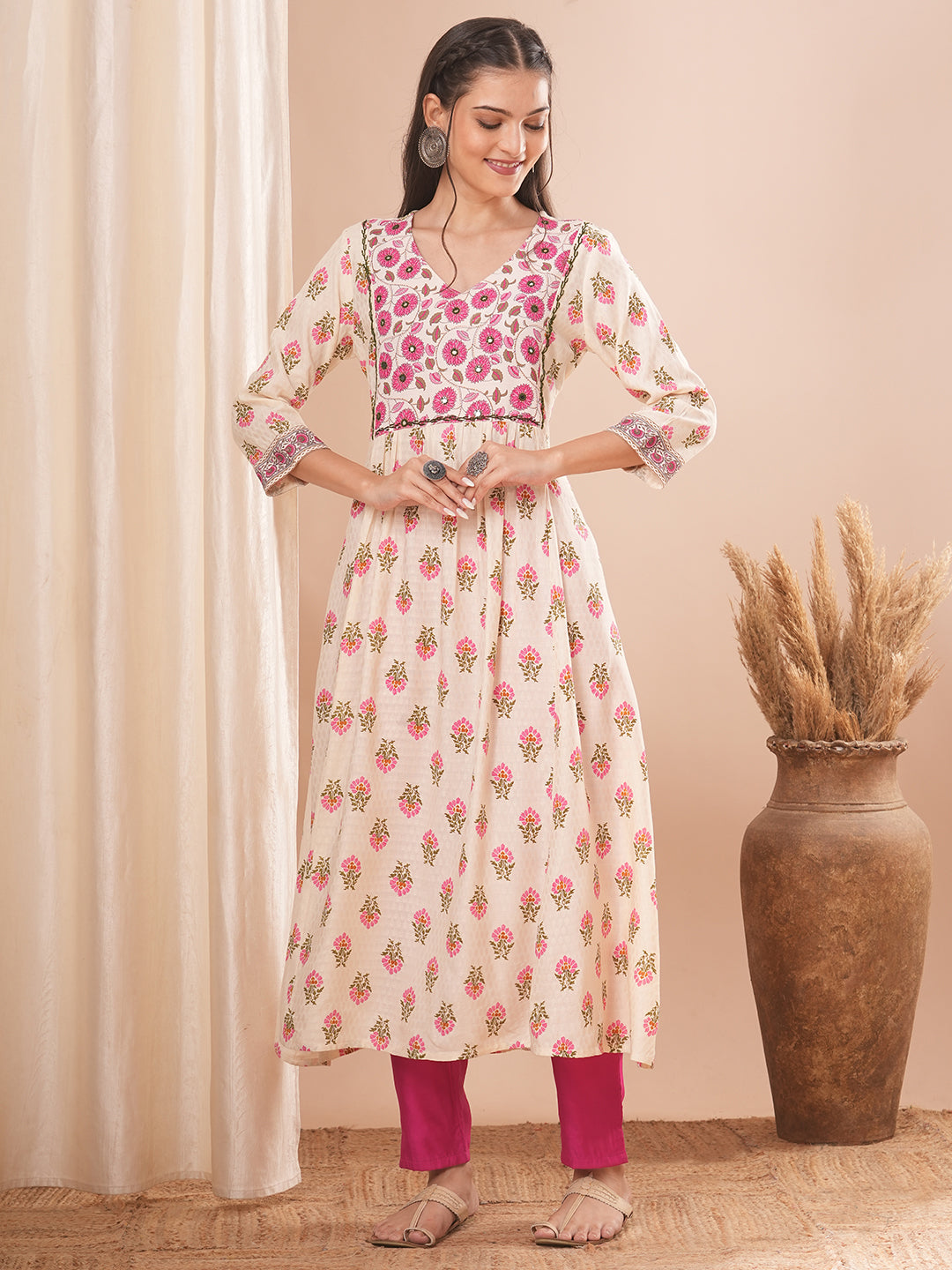 Ethnic Floral Printed & Mirror Embroidered A-line Pleated Kurta - Cream