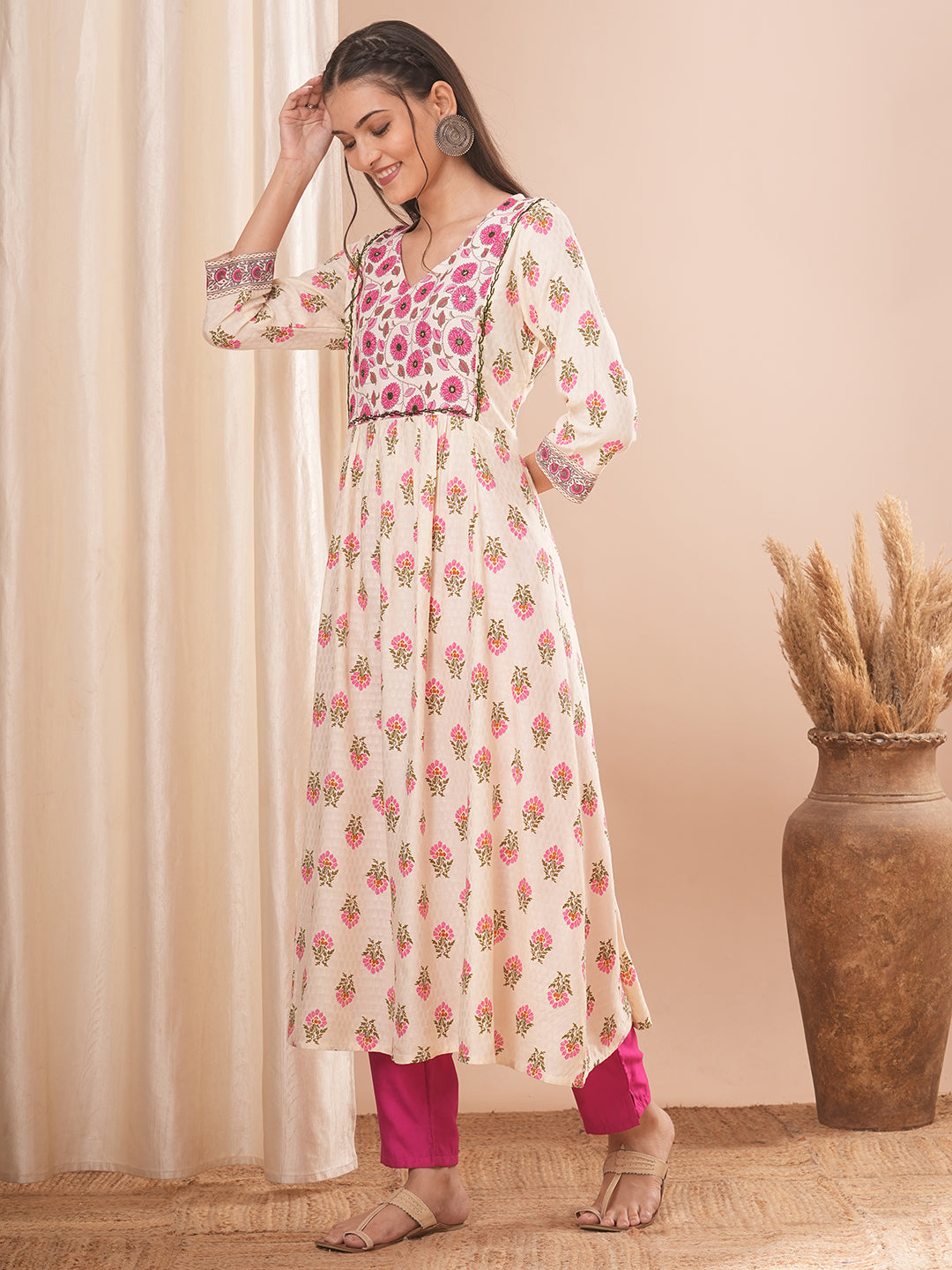 Ethnic Floral Printed & Mirror Embroidered A-line Pleated Kurta - Cream