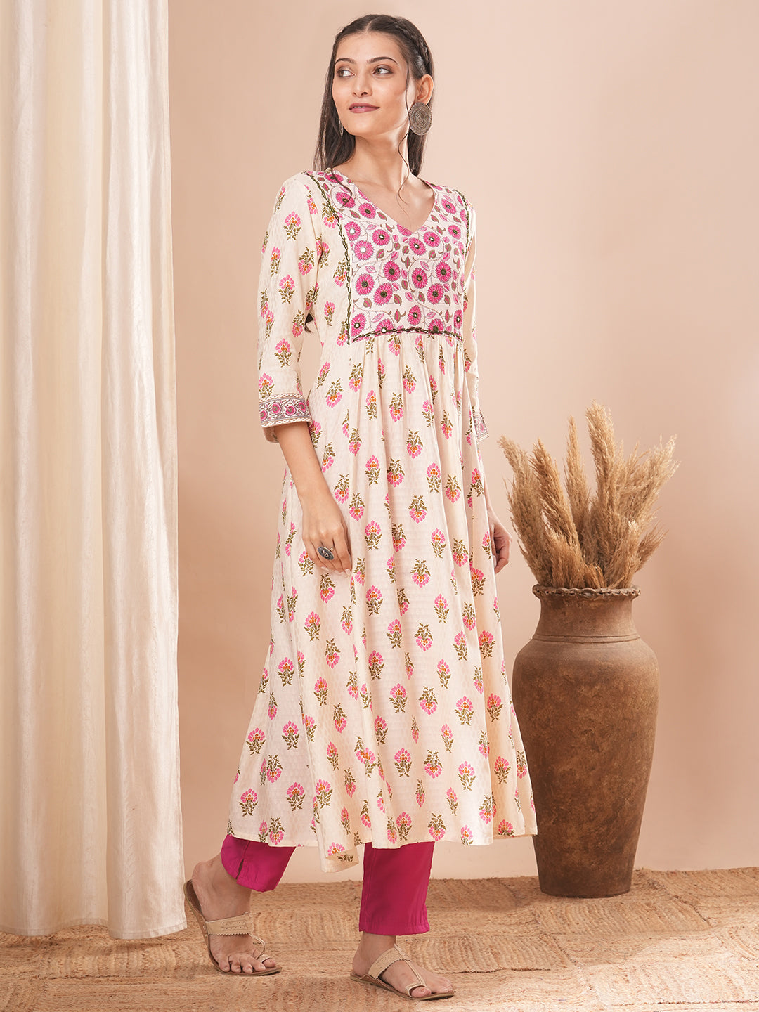 Ethnic Floral Printed & Mirror Embroidered A-line Pleated Kurta - Cream
