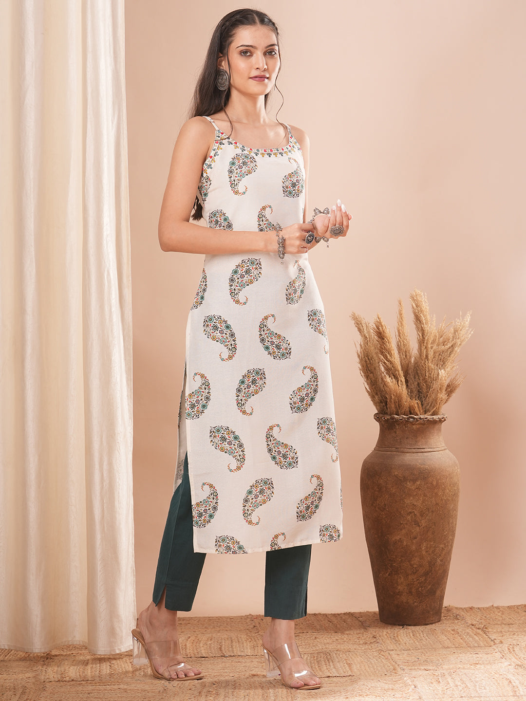 Ethnic Printed & Embroidered Straight Fit Kurta - Off White