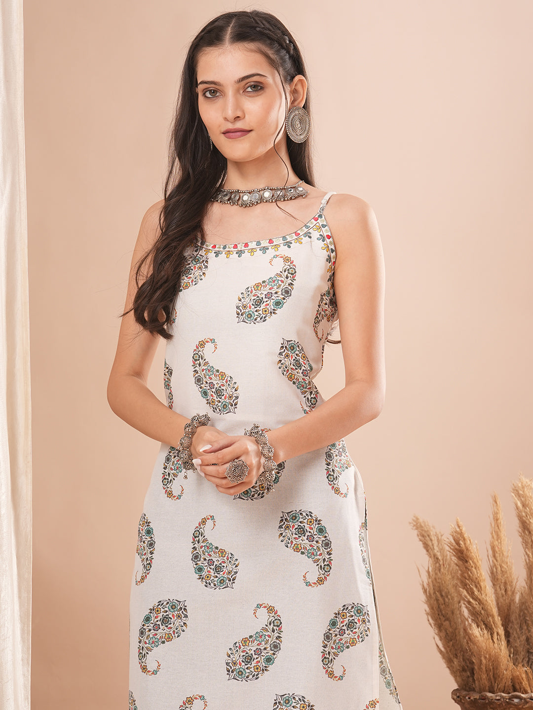 Ethnic Printed & Embroidered Straight Fit Kurta - Off White