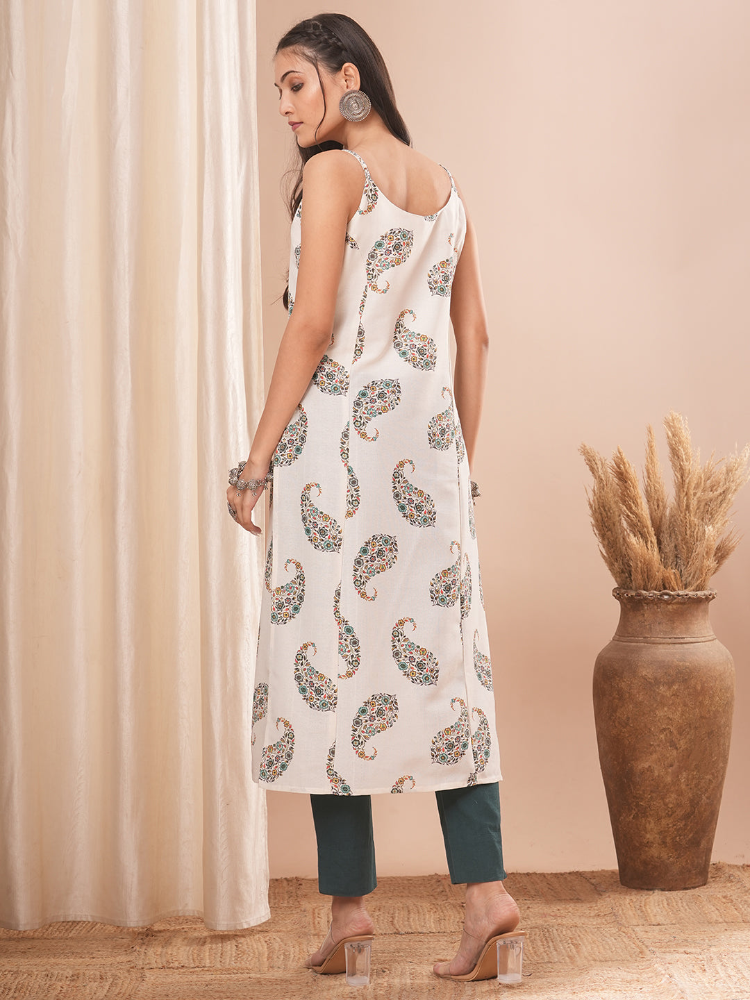 Ethnic Printed & Embroidered Straight Fit Kurta - Off White