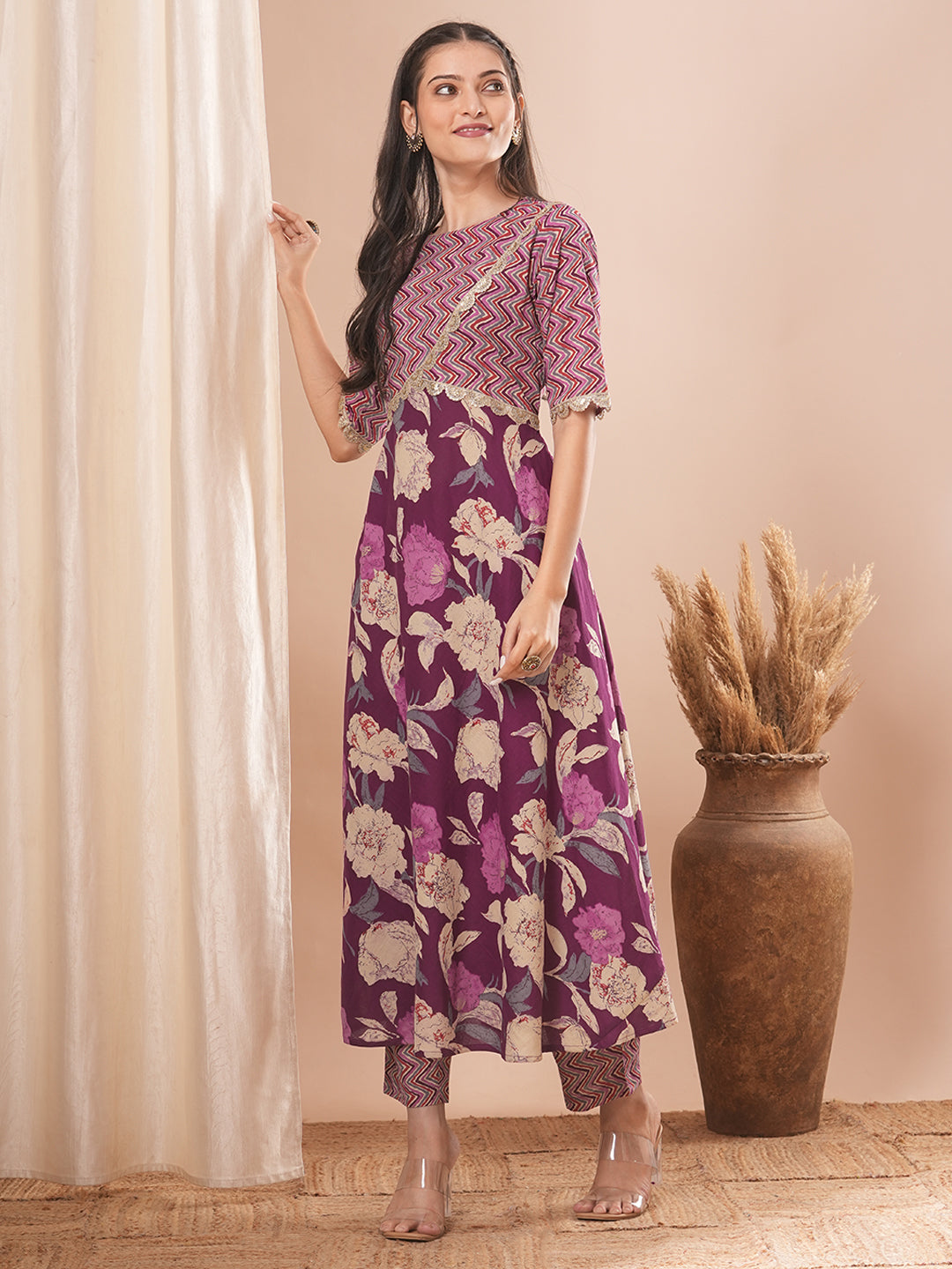 Floral & Chevron Embroidered A-Line Kurta with Pant - Purple