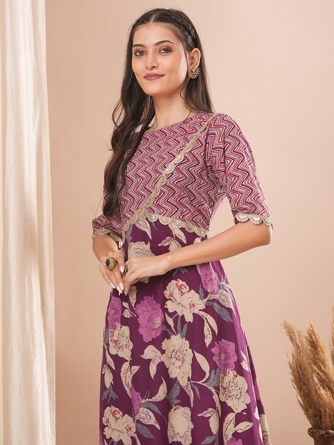 Floral & Chevron Embroidered A-Line Kurta with Pant - Purple