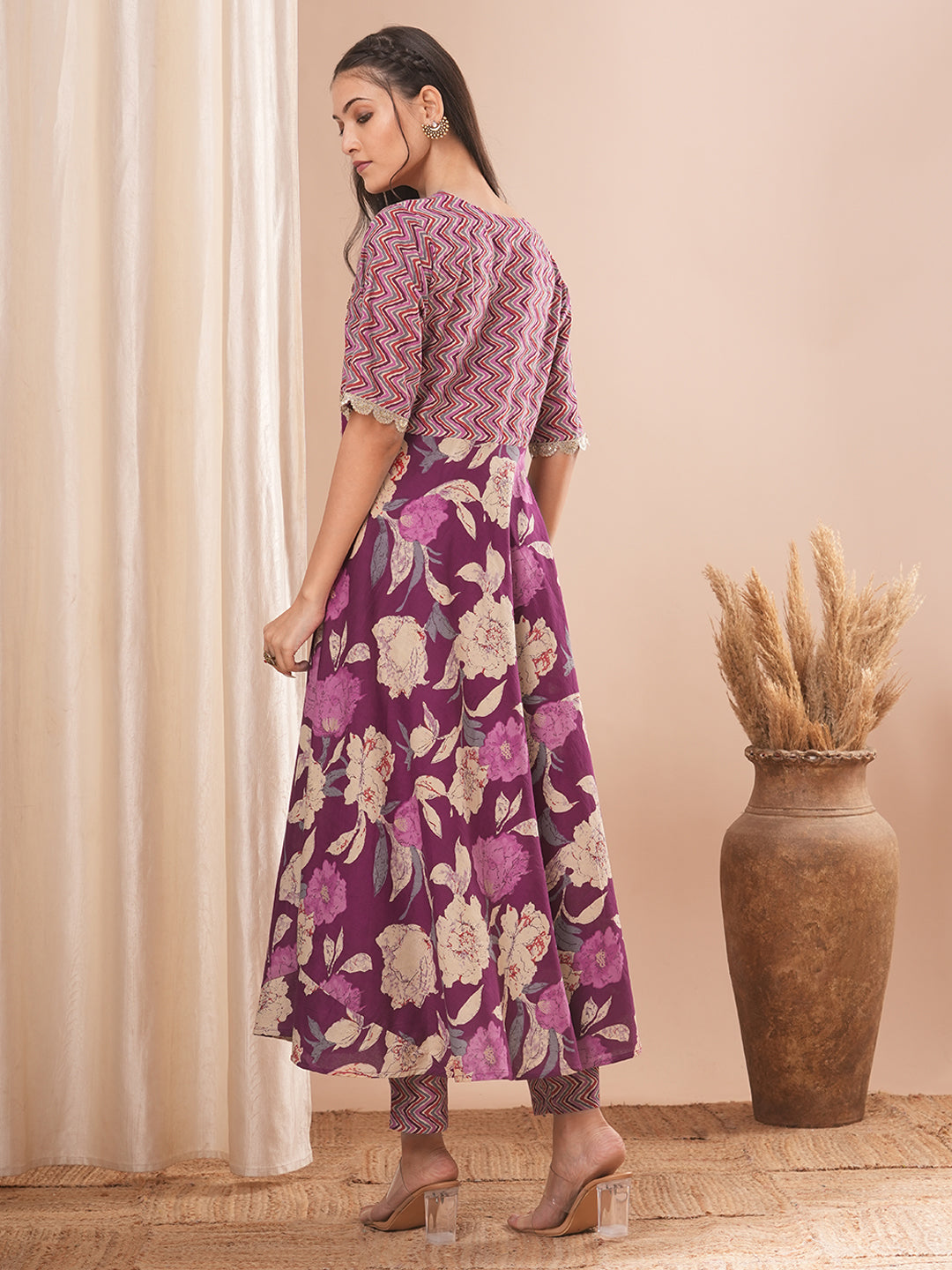 Floral & Chevron Embroidered A-Line Kurta with Pant - Purple