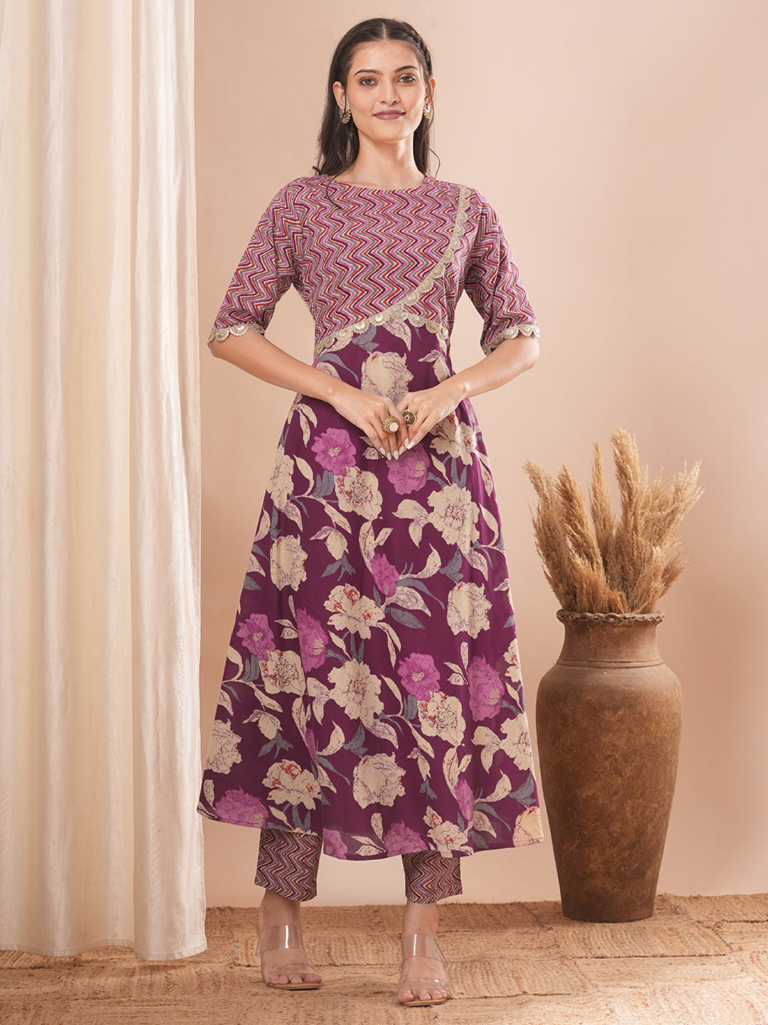 Floral & Chevron Embroidered A-Line Kurta with Pant - Purple