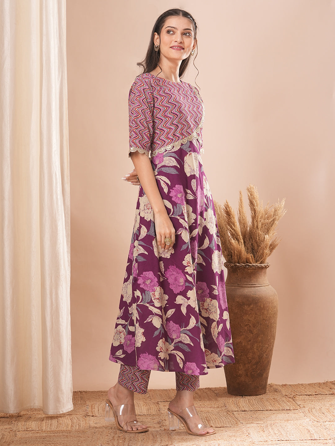 Floral & Chevron Embroidered A-Line Kurta with Pant - Purple