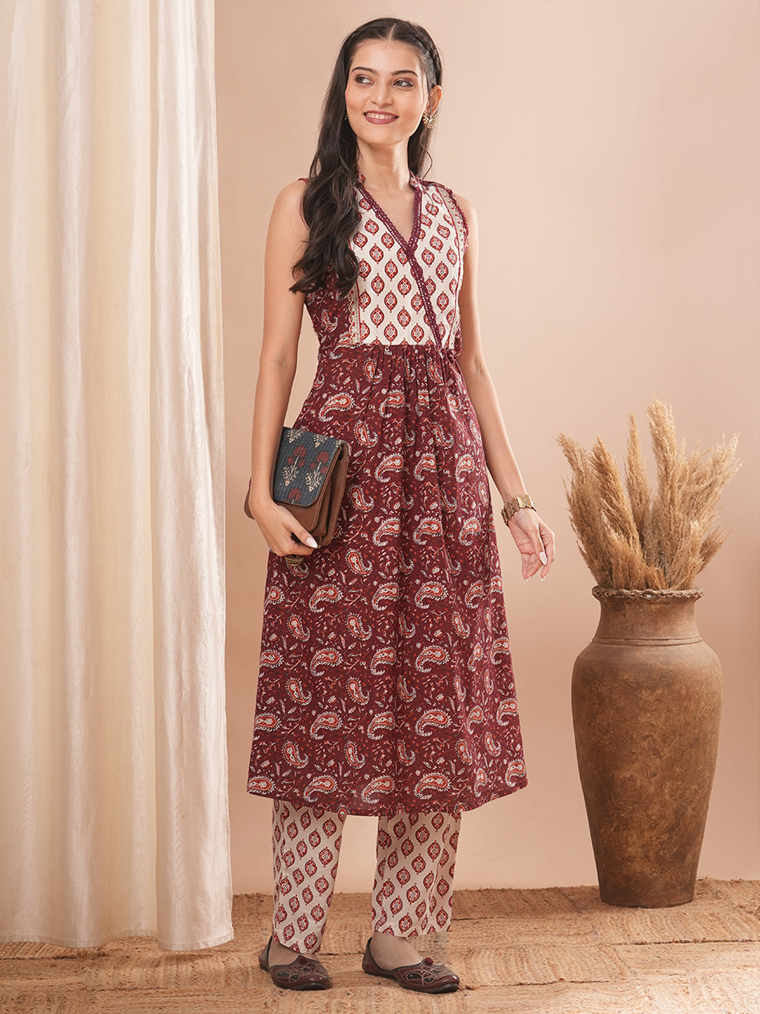 Ethnic Printed Embroidered A-Line Pleated Kurta with Pant - Maroon