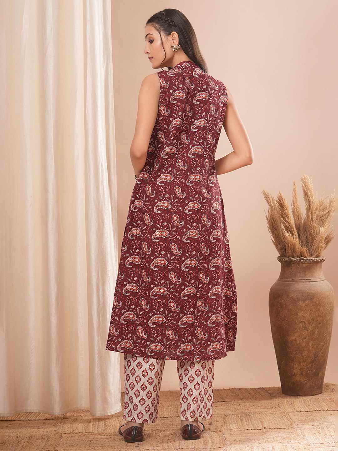 Ethnic Printed Embroidered A-Line Pleated Kurta with Pant - Maroon