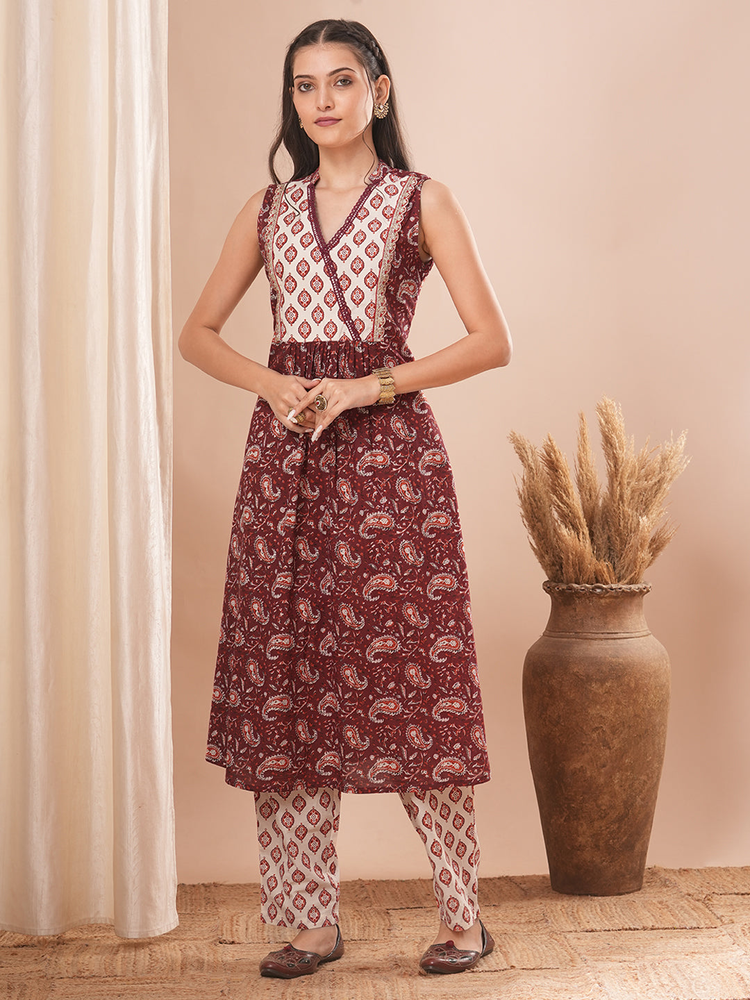 Ethnic Printed Embroidered A-Line Pleated Kurta with Pant - Maroon