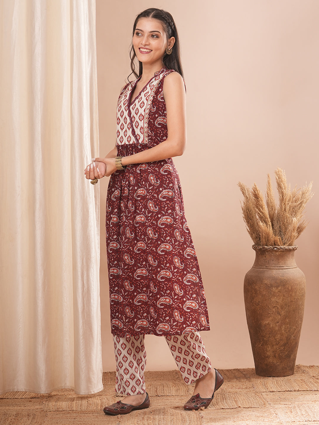 Ethnic Printed Embroidered A-Line Pleated Kurta with Pant - Maroon