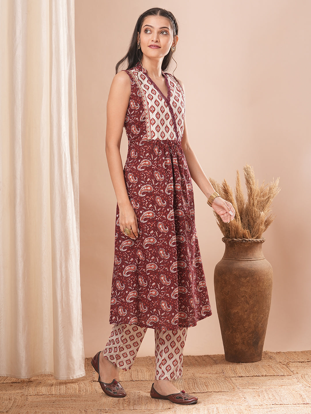 Ethnic Printed Embroidered A-Line Pleated Kurta with Pant - Maroon