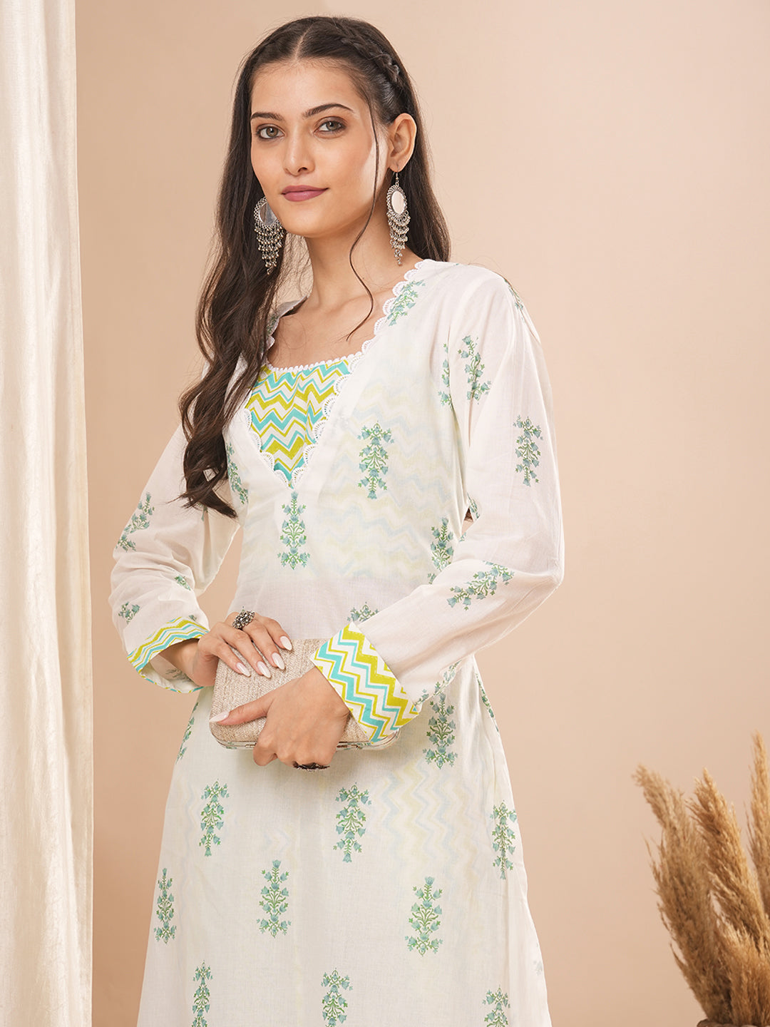 Ethnic Floral Printed A-Line Kurta with Top and Printed Palazzo - White