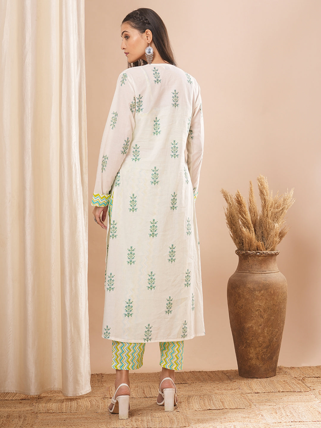 Ethnic Floral Printed A-Line Kurta with Top and Printed Palazzo - White