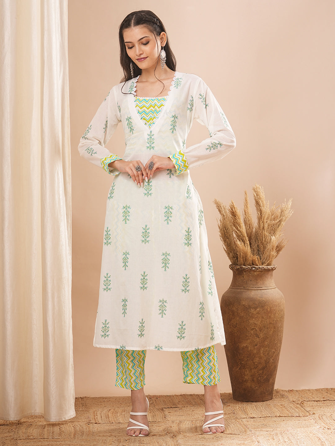 Ethnic Floral Printed A-Line Kurta with Top and Printed Palazzo - White